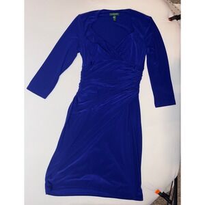 Lauren Ralph Lauren Royal Blue Ruched Faux Wrap Cocktail Dress 3/4 Sleeve sz 12